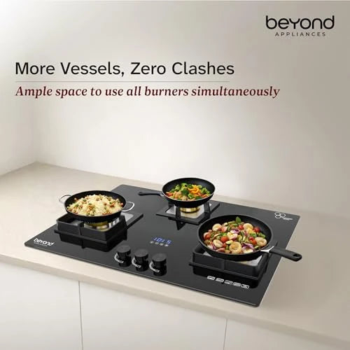 Beyond Appliances Dorado 3 Burner Smart Glass Hobtop Gas Stove | Auto Ignition | Digital Timer | Flame Failure Device | Toughened Glass | LPG & PNG Compatible