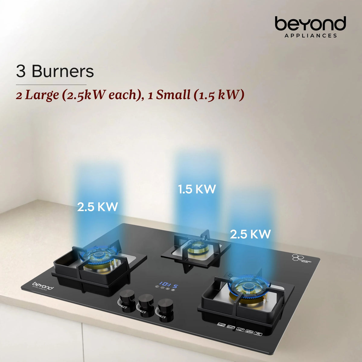 Beyond Appliances Dorado 3 Burner Smart Glass Hobtop Gas Stove | Auto Ignition | Digital Timer | Flame Failure Device | Toughened Glass | LPG & PNG Compatible