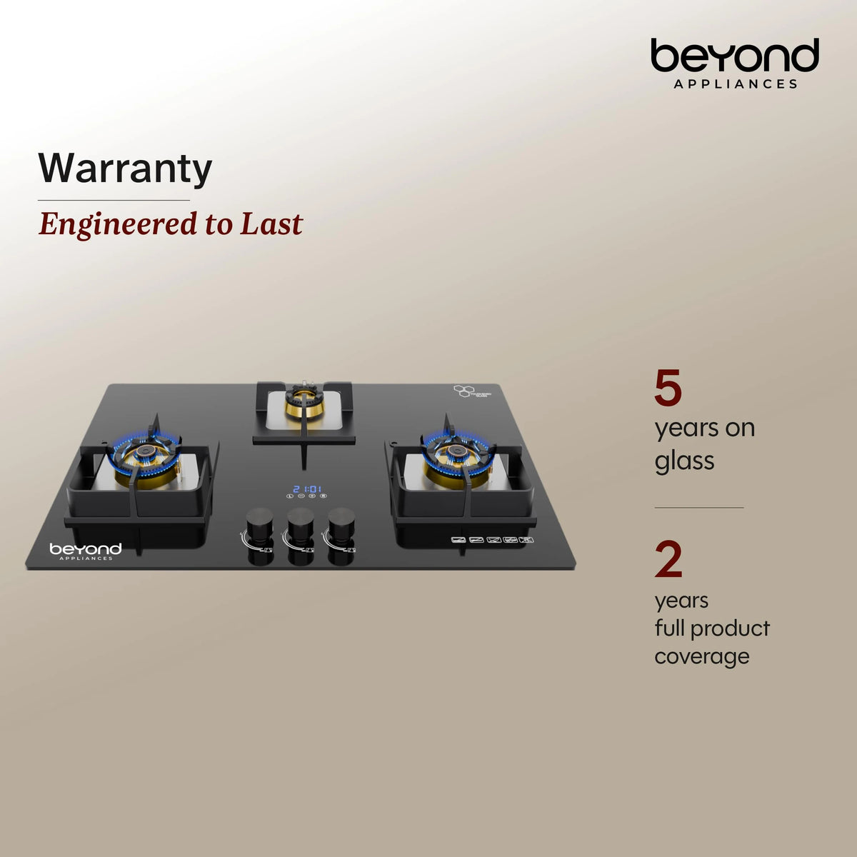 Beyond Appliances Dorado 3 Burner Smart Glass Hobtop Gas Stove | Auto Ignition | Digital Timer | Flame Failure Device | Toughened Glass | LPG & PNG Compatible