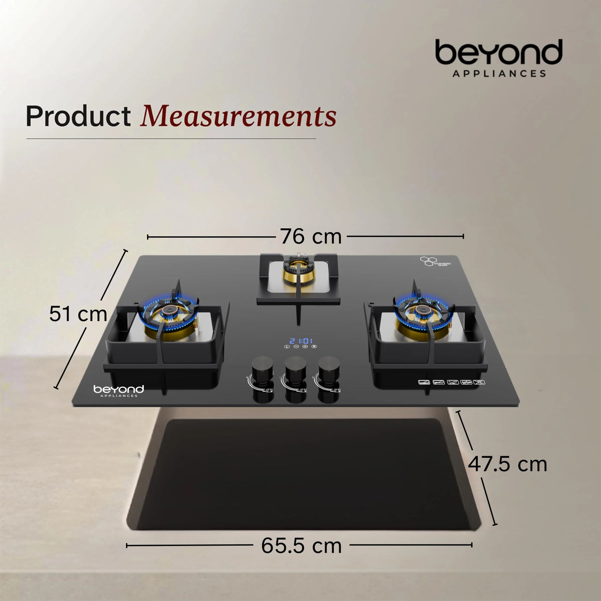 Beyond Appliances Dorado 3 Burner Smart Glass Hobtop Gas Stove | Auto Ignition | Digital Timer | Flame Failure Device | Toughened Glass | LPG & PNG Compatible
