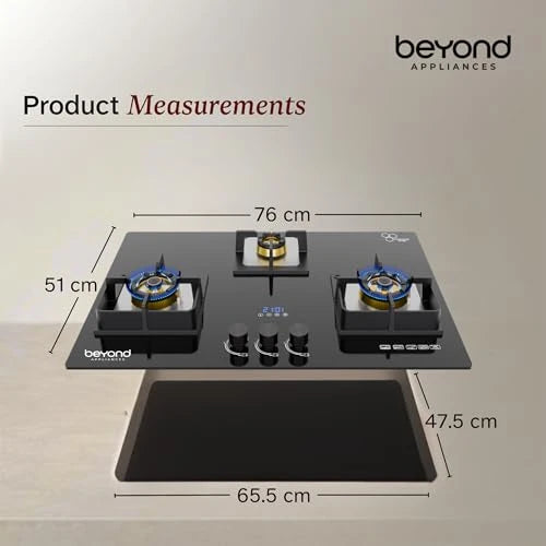 Beyond Appliances Dorado 3 Burner Smart Glass Hobtop Gas Stove | Auto Ignition | Digital Timer | Flame Failure Device | Toughened Glass | LPG & PNG Compatible