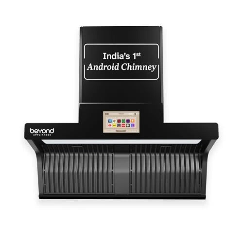 Beyond Appliances Orion 90cm Auto Clean Kitchen Chimney | 1600 CMH Suction | Filterless | Smart Touchscreen Display & Speaker | Baffle Plates | Touch Control | Black Finish.