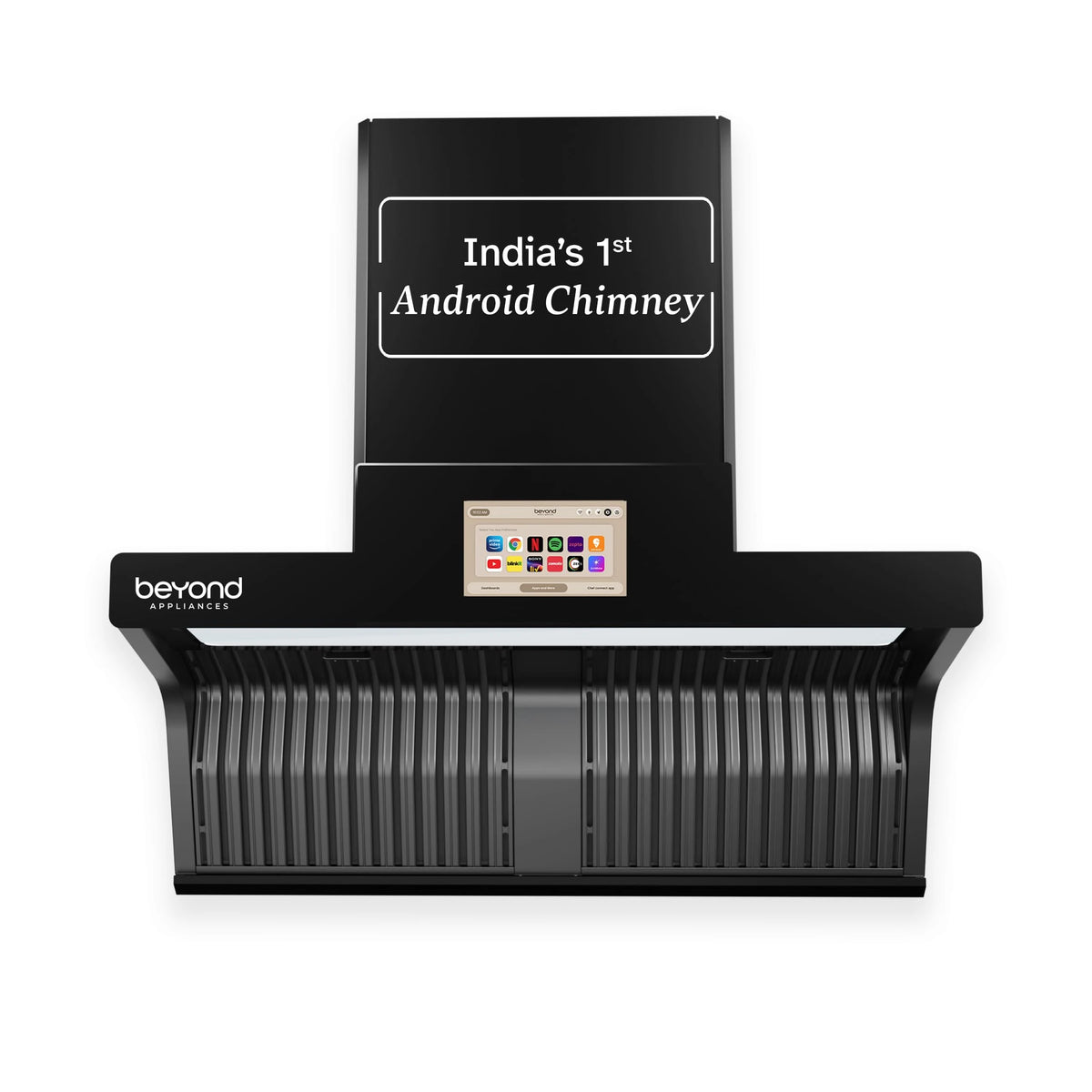Beyond Appliances Orion 90cm Auto Clean Kitchen Chimney | 1600 CMH Suction | Filterless | Smart Touchscreen Display & Speaker | Baffle Plates | Touch Control | Black Finish.