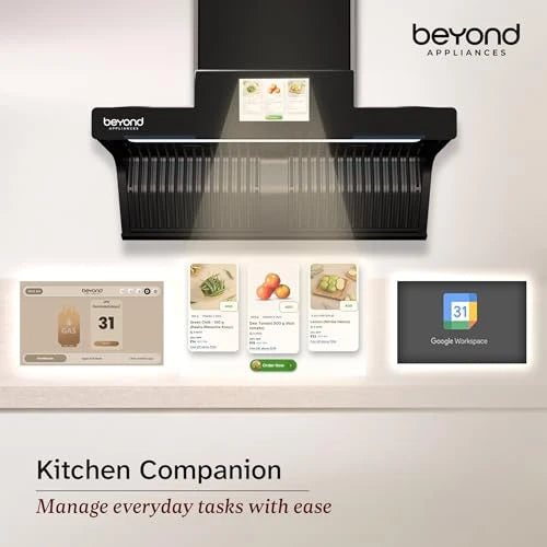 Beyond Appliances Orion 90cm Auto Clean Kitchen Chimney | 1600 CMH Suction | Filterless | Smart Touchscreen Display & Speaker | Baffle Plates | Touch Control | Black Finish.