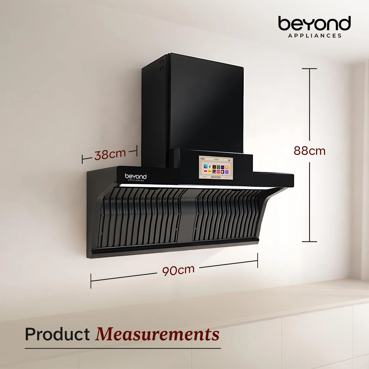 Beyond Appliances Orion 90cm Auto Clean Kitchen Chimney | 1600 CMH Suction | Filterless | Smart Touchscreen Display & Speaker | Baffle Plates | Touch Control | Black Finish.