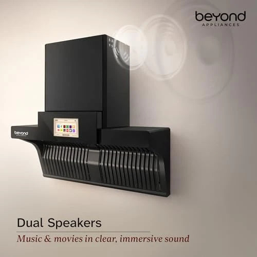 Beyond Appliances Orion 90cm Auto Clean Kitchen Chimney | 1600 CMH Suction | Filterless | Smart Touchscreen Display & Speaker | Baffle Plates | Touch Control | Black Finish.