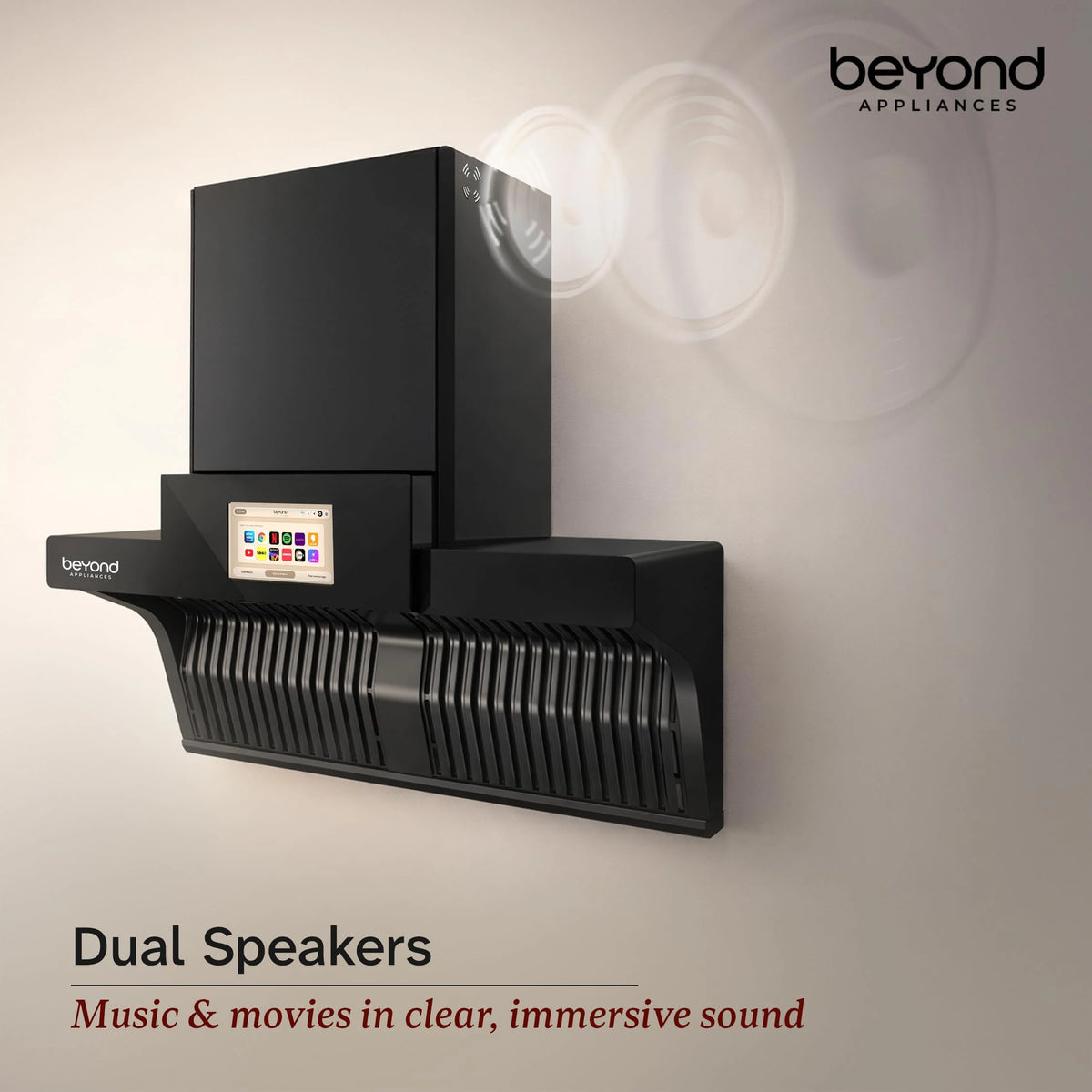 Beyond Appliances Orion 90cm Auto Clean Kitchen Chimney | 1600 CMH Suction | Filterless | Smart Touchscreen Display & Speaker | Baffle Plates | Touch Control | Black Finish.