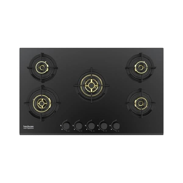 Hindware HAZEL 5B 86 | Full Brass Burner | Auto Ignition | Flame Guard Round Pan Support | Metal Knobs | 8 mm Toughened glass | Hob 5 Burners (Black)