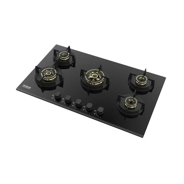 Hindware HAZEL 5B 86 | Full Brass Burner | Auto Ignition | Flame Guard Round Pan Support | Metal Knobs | 8 mm Toughened glass | Hob 5 Burners (Black)