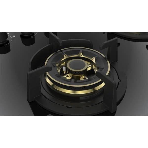 Hindware HAZEL 5B 86 | Full Brass Burner | Auto Ignition | Flame Guard Round Pan Support | Metal Knobs | 8 mm Toughened glass | Hob 5 Burners (Black)