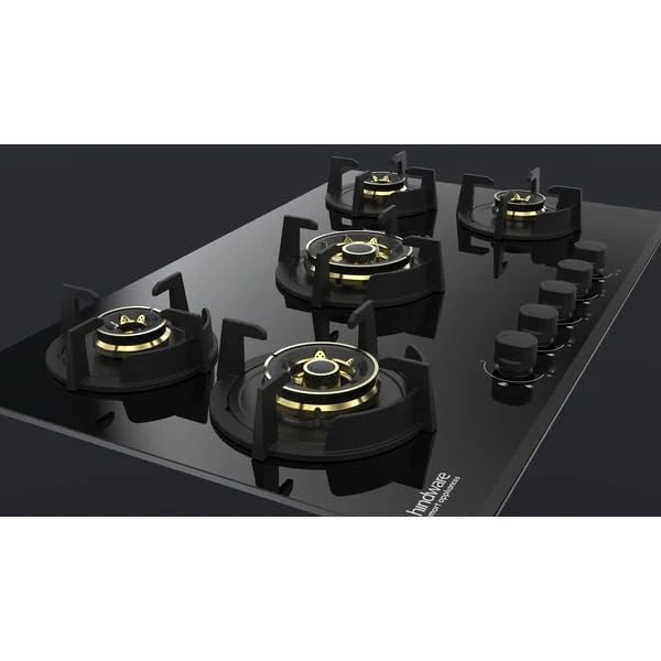 Hindware HAZEL 5B 86 | Full Brass Burner | Auto Ignition | Flame Guard Round Pan Support | Metal Knobs | 8 mm Toughened glass | Hob 5 Burners (Black)