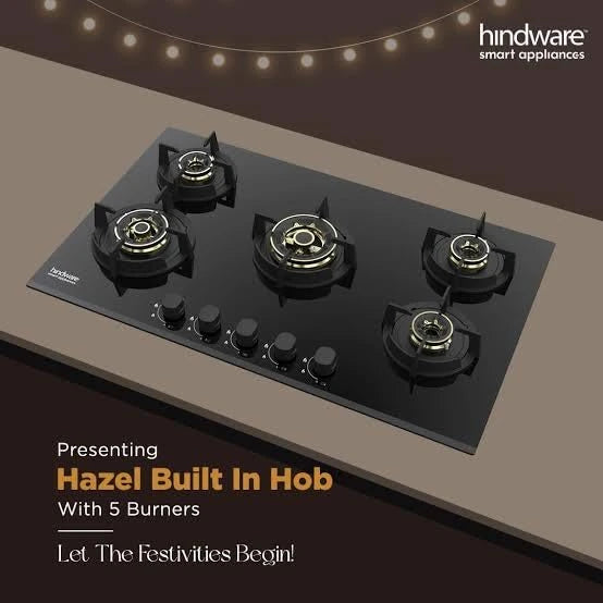 Hindware HAZEL 5B 86 | Full Brass Burner | Auto Ignition | Flame Guard Round Pan Support | Metal Knobs | 8 mm Toughened glass | Hob 5 Burners (Black)