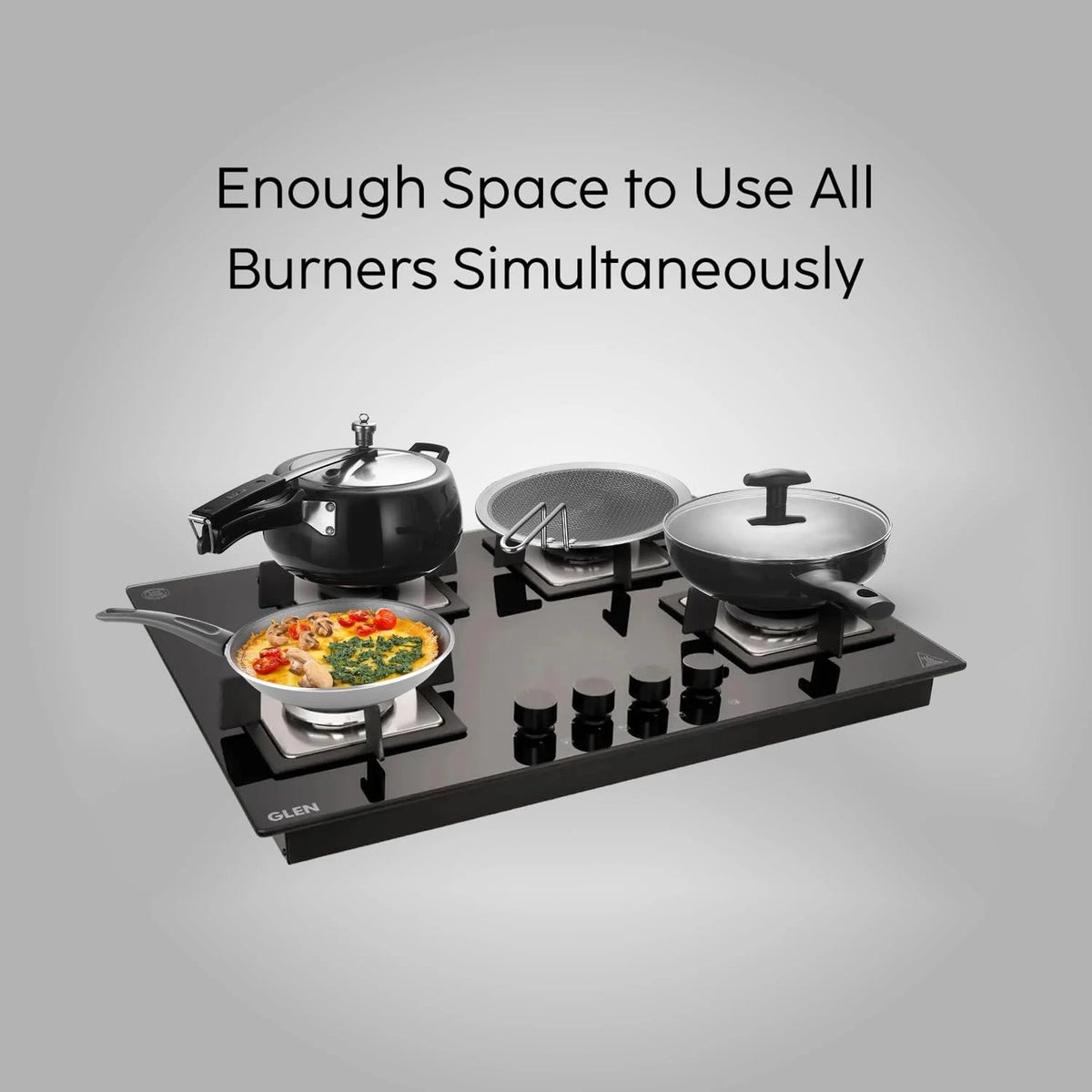 Glen 4 Burner Premium Hobtop 70 cm Built in Hob | Auto Ignition | Italian SABAF Double Ring Burners | 8 mm Toughened Glass Top | Black | 2 Years Standard & 5 Years Glass Warranty (1074SQHTIN70)