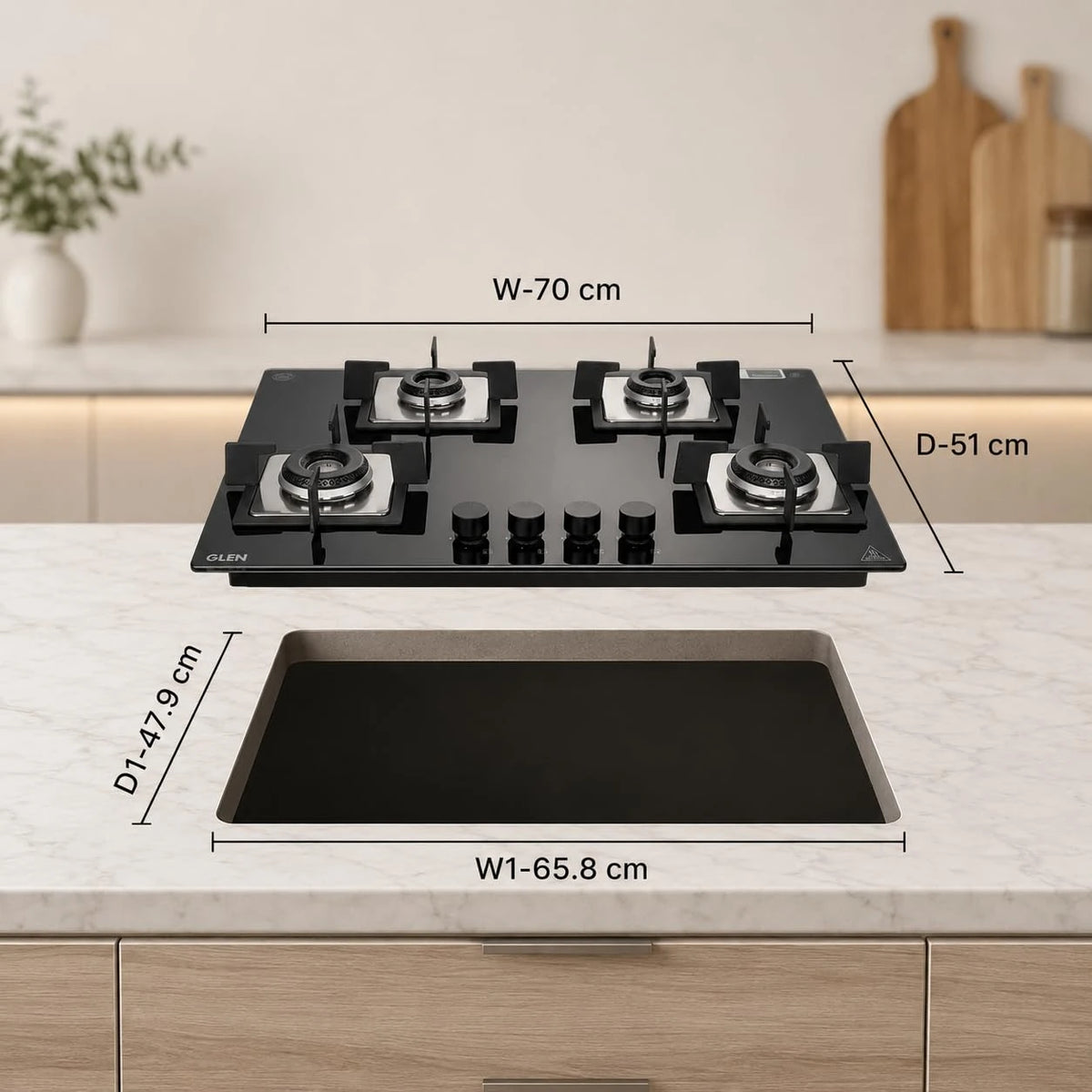 Glen 4 Burner Premium Hobtop 70 cm Built in Hob | Auto Ignition | Italian SABAF Double Ring Burners | 8 mm Toughened Glass Top | Black | 2 Years Standard & 5 Years Glass Warranty (1074SQHTIN70)