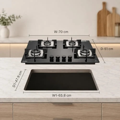 Glen 4 Burner Premium Hobtop 70 cm Built in Hob | Auto Ignition | Italian SABAF Double Ring Burners | 8 mm Toughened Glass Top | Black | 2 Years Standard & 5 Years Glass Warranty (1074SQHTIN70)