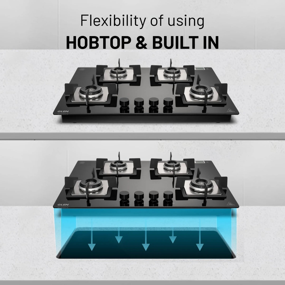 Glen 4 Burner Premium Hobtop 70 cm Built in Hob | Auto Ignition | Italian SABAF Double Ring Burners | 8 mm Toughened Glass Top | Black | 2 Years Standard & 5 Years Glass Warranty (1074SQHTIN70)