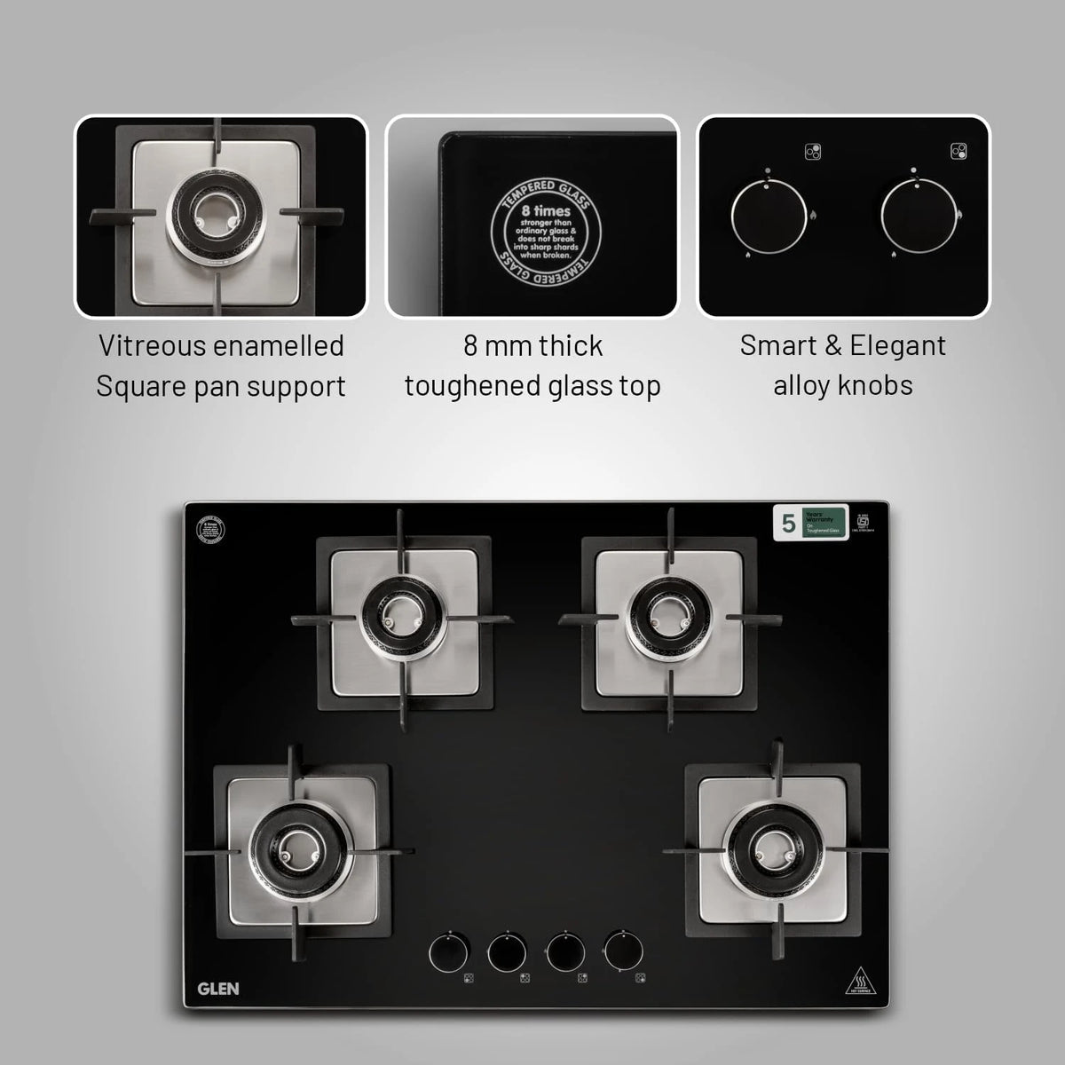 Glen 4 Burner Premium Hobtop 70 cm Built in Hob | Auto Ignition | Italian SABAF Double Ring Burners | 8 mm Toughened Glass Top | Black | 2 Years Standard & 5 Years Glass Warranty (1074SQHTIN70)