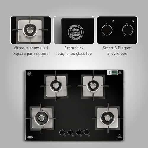 Glen 4 Burner Premium Hobtop 70 cm Built in Hob | Auto Ignition | Italian SABAF Double Ring Burners | 8 mm Toughened Glass Top | Black | 2 Years Standard & 5 Years Glass Warranty (1074SQHTIN70)