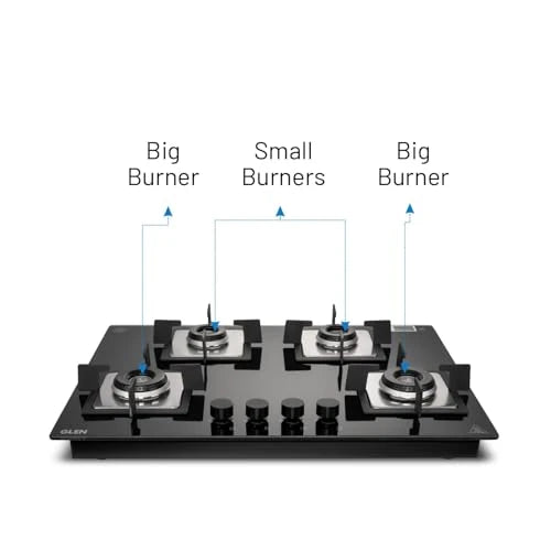 Glen 4 Burner Premium Hobtop 70 cm Built in Hob | Auto Ignition | Italian SABAF Double Ring Burners | 8 mm Toughened Glass Top | Black | 2 Years Standard & 5 Years Glass Warranty (1074SQHTIN70)