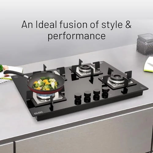 Glen 4 Burner Premium Hobtop 70 cm Built in Hob | Auto Ignition | Italian SABAF Double Ring Burners | 8 mm Toughened Glass Top | Black | 2 Years Standard & 5 Years Glass Warranty (1074SQHTIN70)
