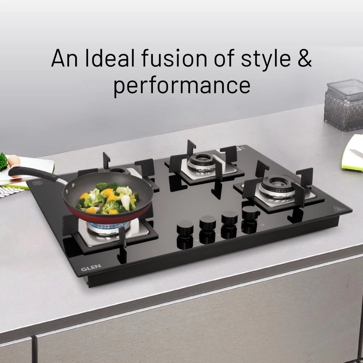 Glen 4 Burner Premium Hobtop 70 cm Built in Hob | Auto Ignition | Italian SABAF Double Ring Burners | 8 mm Toughened Glass Top | Black | 2 Years Standard & 5 Years Glass Warranty (1074SQHTIN70)