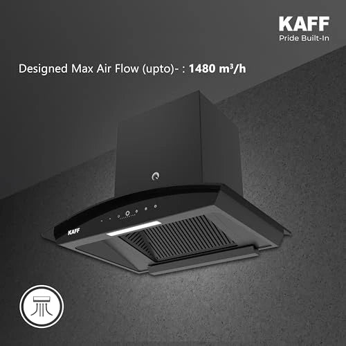 KAFF VASCO DC 60 (BLDC Motor) Filter-less Smart Auto Clean Slant Kitchen Chimney 60 CM with 1480 m3/hr Suction Capacity, Touch with 9 Speed Gesture Control, Intuitive Display Panel (Black)