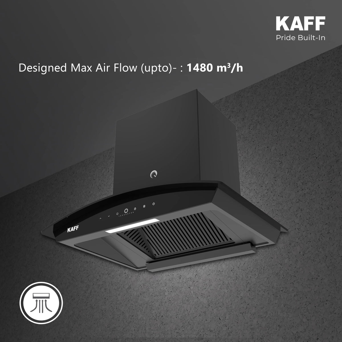 KAFF VASCO DC 60 (BLDC Motor) Filter-less Smart Auto Clean Slant Kitchen Chimney 60 CM with 1480 m3/hr Suction Capacity, Touch with 9 Speed Gesture Control, Intuitive Display Panel (Black)