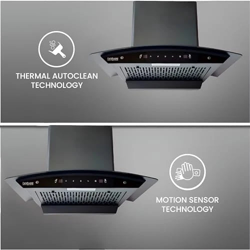 Hindware EVITA 60 | Suction:1200 m³/hr* | Filterless | 3 Speed Gesture Control | Thermal Auto Clean Wall Mounted 60cm Chimney (Black)