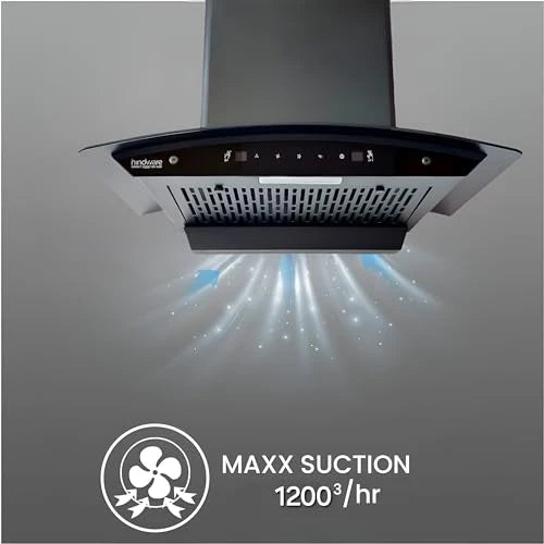Hindware EVITA 60 | Suction:1200 m³/hr* | Filterless | 3 Speed Gesture Control | Thermal Auto Clean Wall Mounted 60cm Chimney (Black)
