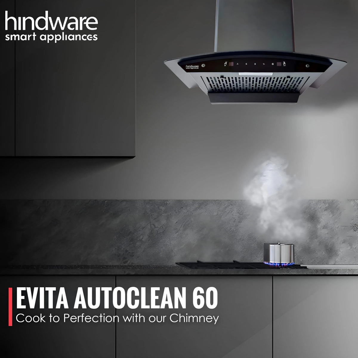 Hindware EVITA 60 | Suction:1200 m³/hr* | Filterless | 3 Speed Gesture Control | Thermal Auto Clean Wall Mounted 60cm Chimney (Black)