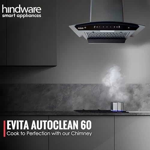 Hindware EVITA 60 | Suction:1200 m³/hr* | Filterless | 3 Speed Gesture Control | Thermal Auto Clean Wall Mounted 60cm Chimney (Black)