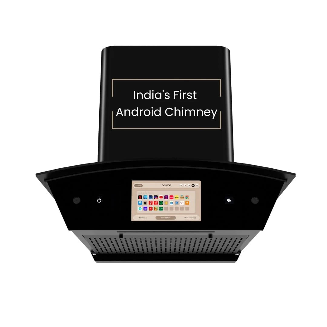 Beyond Appliances Asteria 60cm Auto Clean Kitchen Chimney | 1408 CMH Suction | Filterless | Curved Glass | Smart Screen & Speakers | Touch Control | Black Finish
