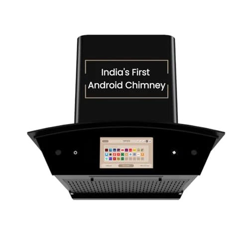 Beyond Appliances Asteria 60cm Auto Clean Kitchen Chimney | 1408 CMH Suction | Filterless | Curved Glass | Smart Screen & Speakers | Touch Control | Black Finish