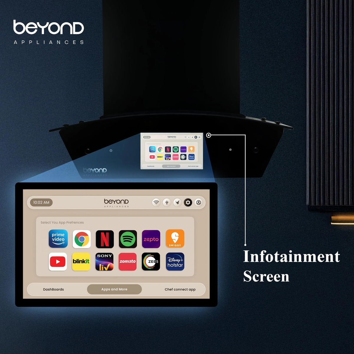 Beyond Appliances Asteria 60cm Auto Clean Kitchen Chimney | 1408 CMH Suction | Filterless | Curved Glass | Smart Screen & Speakers | Touch Control | Black Finish