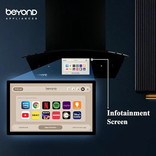 Beyond Appliances Asteria 60cm Auto Clean Kitchen Chimney | 1408 CMH Suction | Filterless | Curved Glass | Smart Screen & Speakers | Touch Control | Black Finish