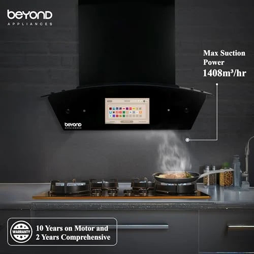 Beyond Appliances Asteria 60cm Auto Clean Kitchen Chimney | 1408 CMH Suction | Filterless | Curved Glass | Smart Screen & Speakers | Touch Control | Black Finish