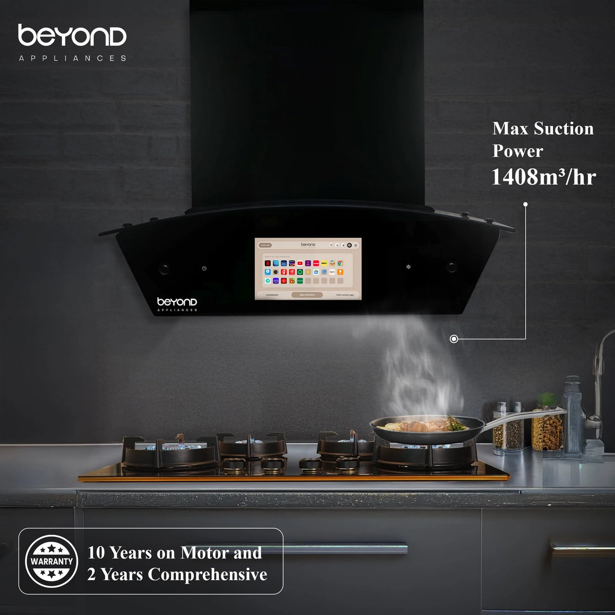 Beyond Appliances Asteria 60cm Auto Clean Kitchen Chimney | 1408 CMH Suction | Filterless | Curved Glass | Smart Screen & Speakers | Touch Control | Black Finish