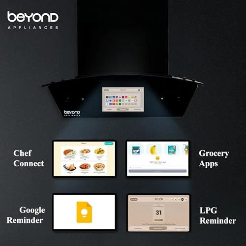 Beyond Appliances Asteria 60cm Auto Clean Kitchen Chimney | 1408 CMH Suction | Filterless | Curved Glass | Smart Screen & Speakers | Touch Control | Black Finish