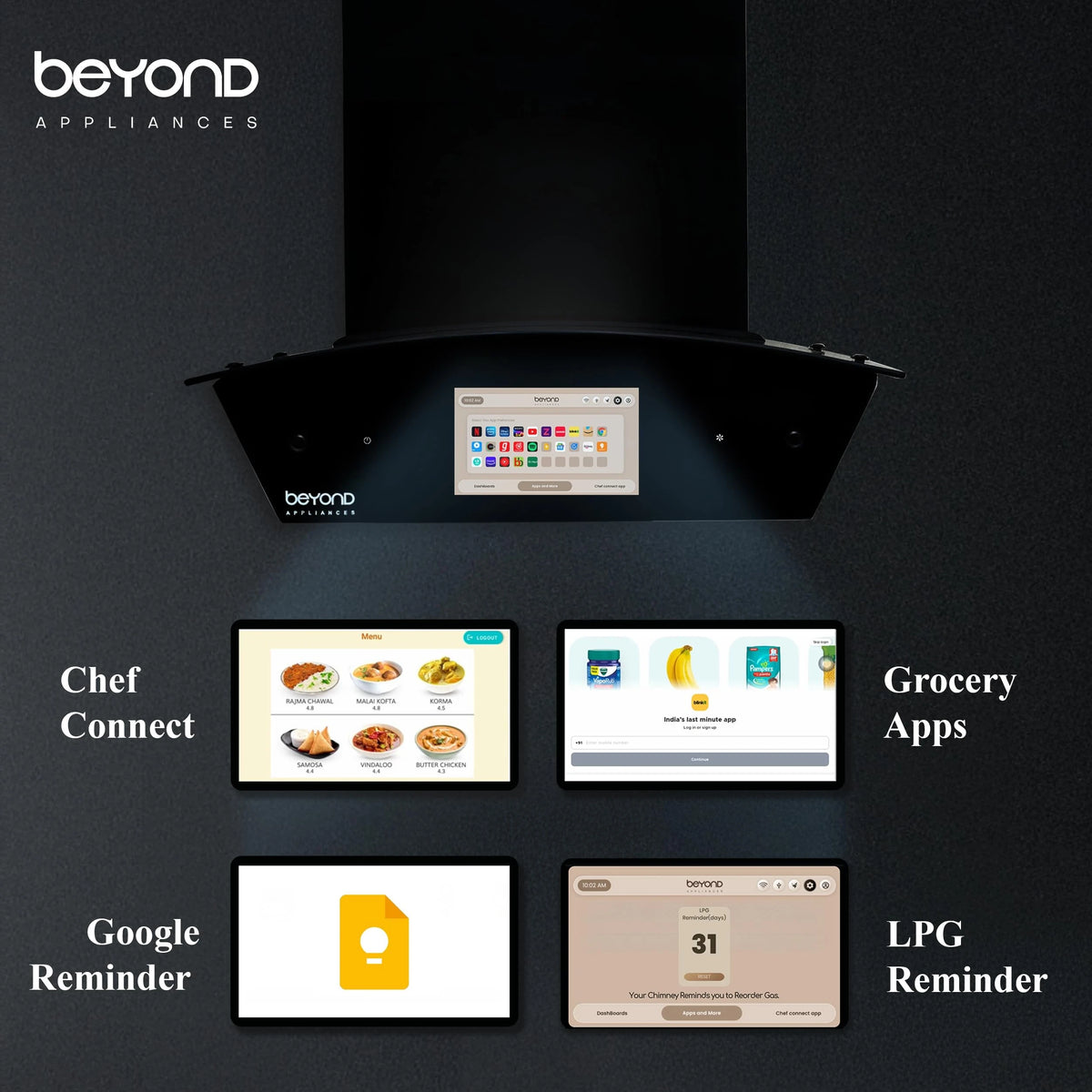 Beyond Appliances Asteria 60cm Auto Clean Kitchen Chimney | 1408 CMH Suction | Filterless | Curved Glass | Smart Screen & Speakers | Touch Control | Black Finish