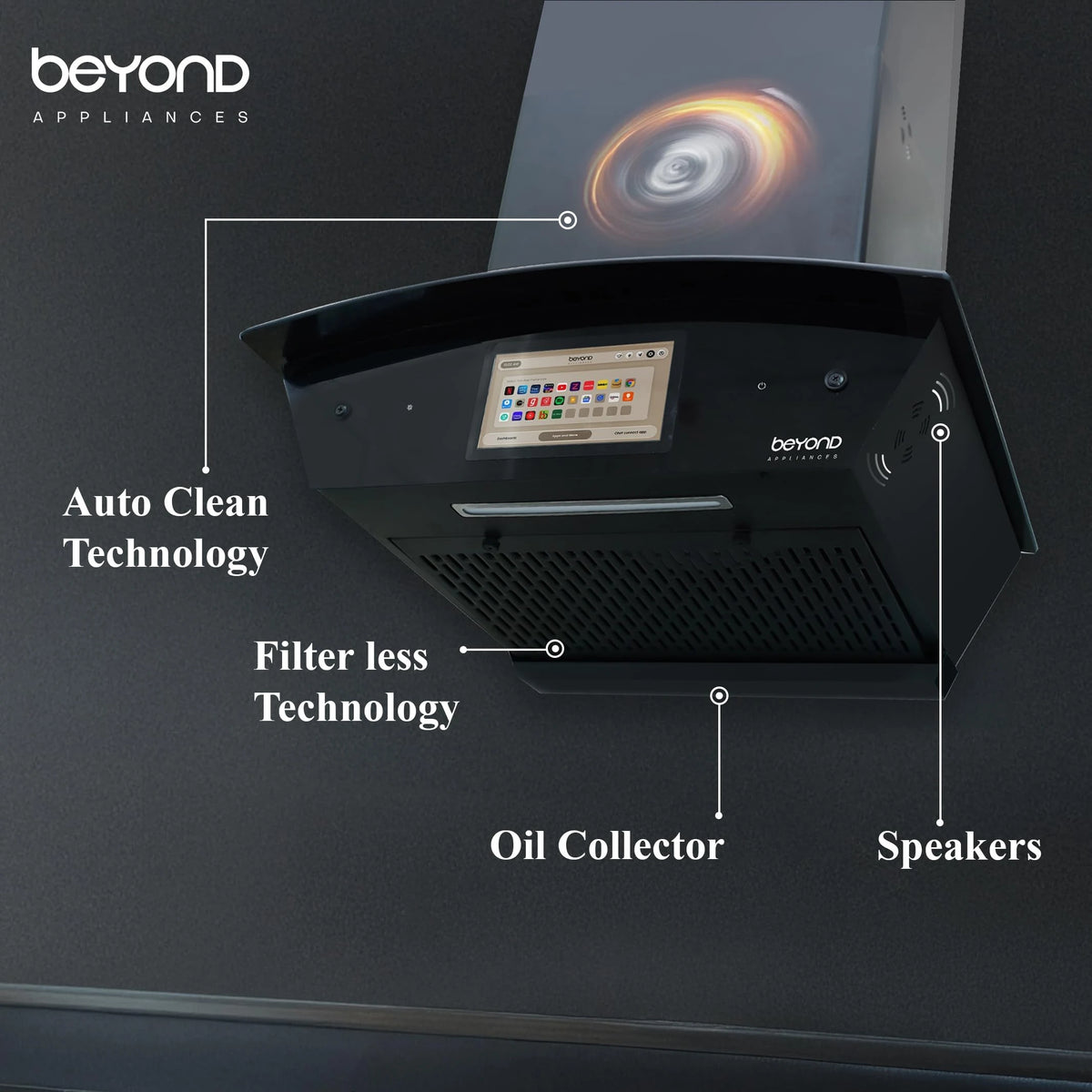 Beyond Appliances Asteria 60cm Auto Clean Kitchen Chimney | 1408 CMH Suction | Filterless | Curved Glass | Smart Screen & Speakers | Touch Control | Black Finish