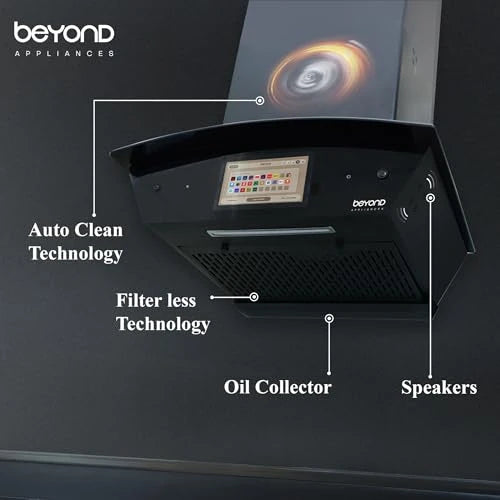 Beyond Appliances Asteria 60cm Auto Clean Kitchen Chimney | 1408 CMH Suction | Filterless | Curved Glass | Smart Screen & Speakers | Touch Control | Black Finish