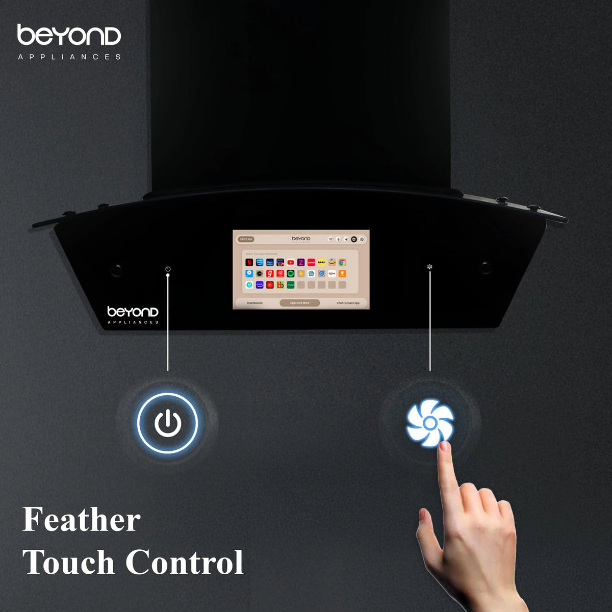 Beyond Appliances Asteria 60cm Auto Clean Kitchen Chimney | 1408 CMH Suction | Filterless | Curved Glass | Smart Screen & Speakers | Touch Control | Black Finish