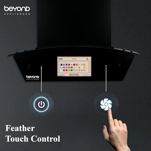 Beyond Appliances Asteria 60cm Auto Clean Kitchen Chimney | 1408 CMH Suction | Filterless | Curved Glass | Smart Screen & Speakers | Touch Control | Black Finish
