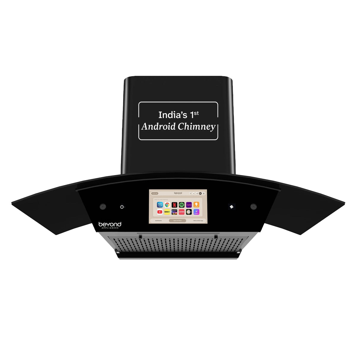 Beyond Appliances Asteria 90cm Auto Clean Kitchen Chimney | 1408 CMH Suction | Filterless | Curved Glass | Smart Screen & Speakers | Touch Control | Black Finish