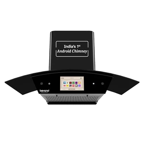 Beyond Appliances Asteria 90cm Auto Clean Kitchen Chimney | 1408 CMH Suction | Filterless | Curved Glass | Smart Screen & Speakers | Touch Control | Black Finish