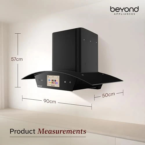 Beyond Appliances Asteria 90cm Auto Clean Kitchen Chimney | 1408 CMH Suction | Filterless | Curved Glass | Smart Screen & Speakers | Touch Control | Black Finish