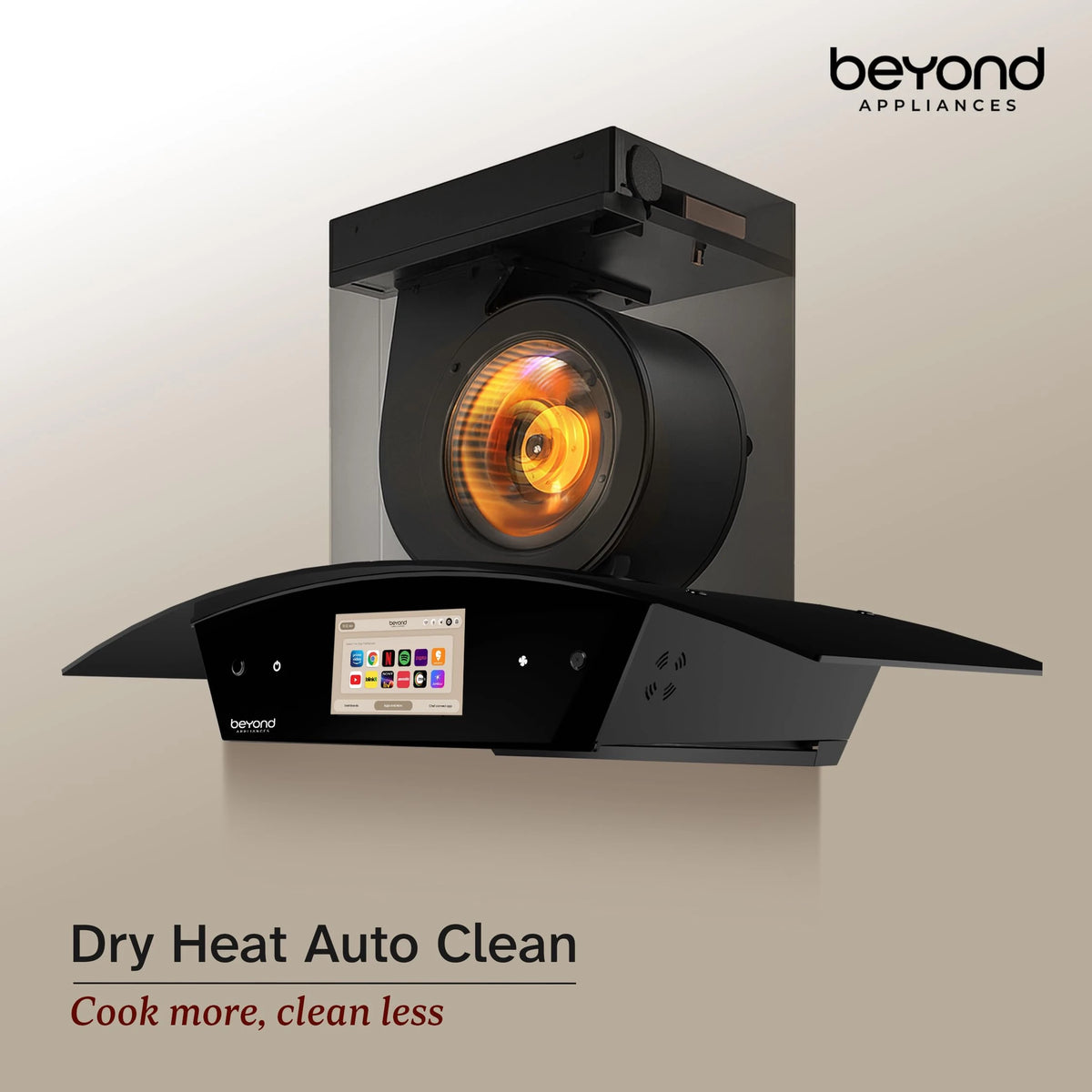 Beyond Appliances Asteria 90cm Auto Clean Kitchen Chimney | 1408 CMH Suction | Filterless | Curved Glass | Smart Screen & Speakers | Touch Control | Black Finish