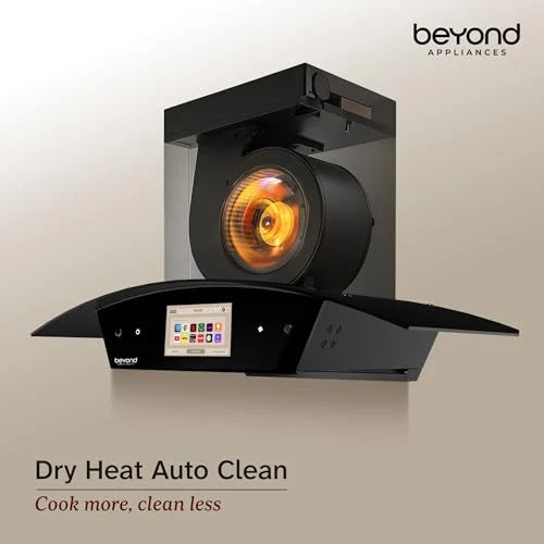 Beyond Appliances Asteria 90cm Auto Clean Kitchen Chimney | 1408 CMH Suction | Filterless | Curved Glass | Smart Screen & Speakers | Touch Control | Black Finish