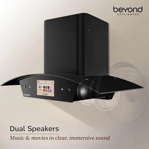 Beyond Appliances Asteria 90cm Auto Clean Kitchen Chimney | 1408 CMH Suction | Filterless | Curved Glass | Smart Screen & Speakers | Touch Control | Black Finish