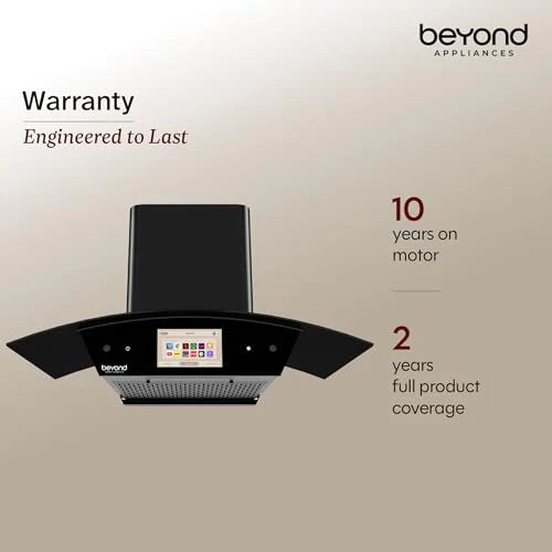 Beyond Appliances Asteria 90cm Auto Clean Kitchen Chimney | 1408 CMH Suction | Filterless | Curved Glass | Smart Screen & Speakers | Touch Control | Black Finish
